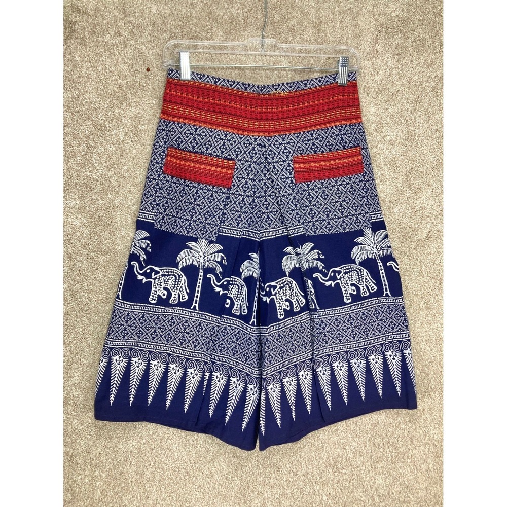 Hand Printed Wide Leg Boho Palazzo Crop Pants Womens S Navy Red Gypsy Festival